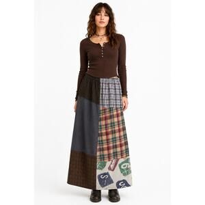 1990s Patchwork Plaid Flannel Maxi Skirt Grunge Cottagecore Medium
